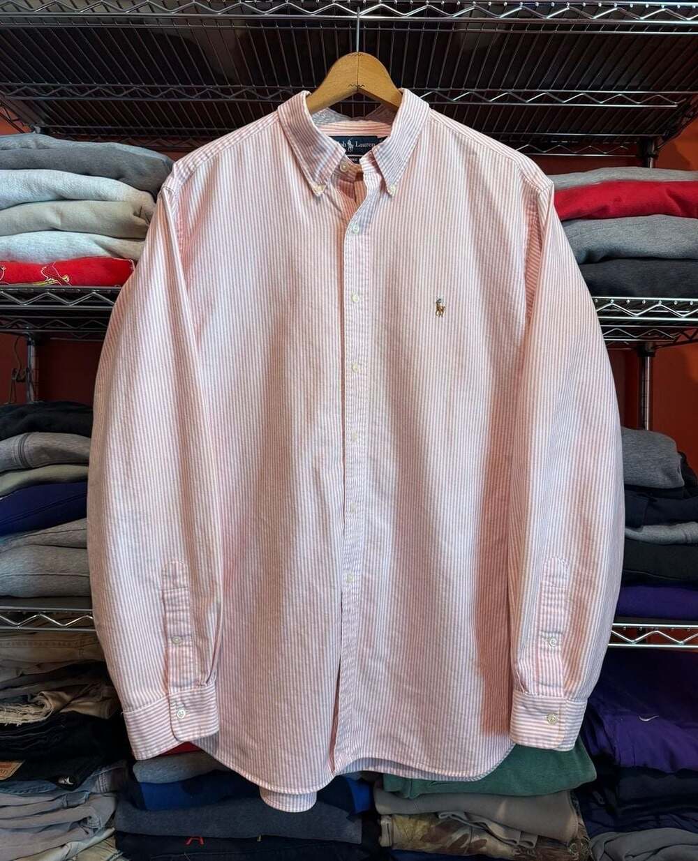 Ralph Lauren Classic Fit Striped Shirt Size 18 36/37 Pink White Flesh Pony